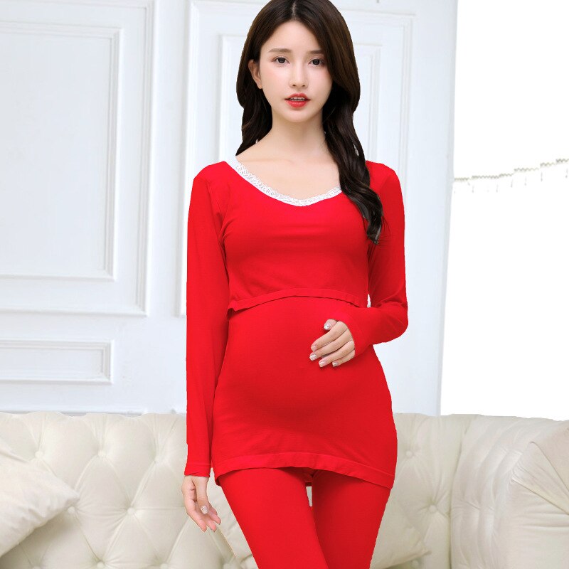 Nueva ropa de dormir de invierno, conjunto Prenatal posparto, ropa interior cálida de otoño para mujeres embarazadas, engrosamiento de sueño de lactancia: Rojo