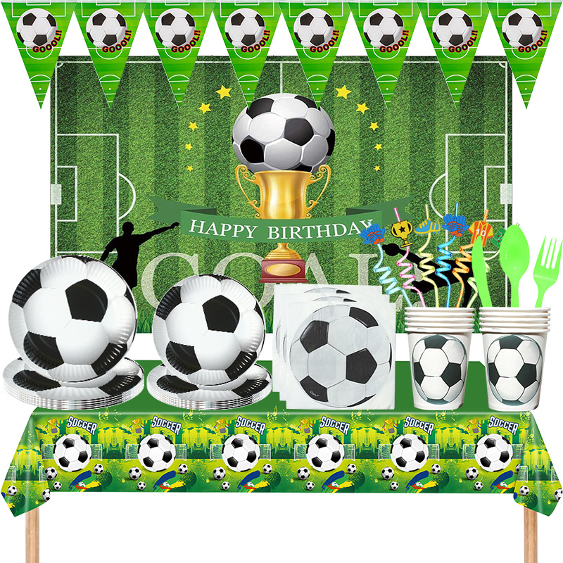 Decoraciones de de cumpleaños de fútbol para niños, globos de temática de fútbol, juego de vajilla para niños, platos de papel, servilletas, tazas, bandera