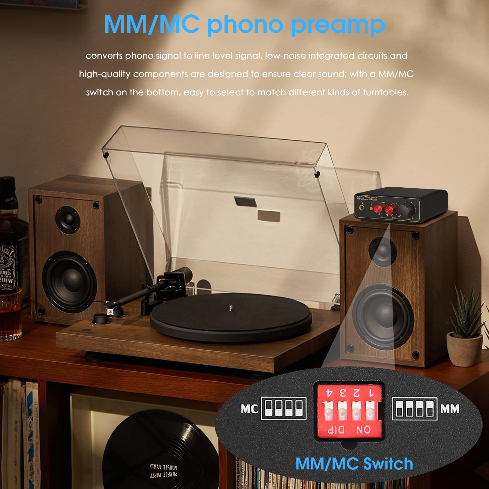 Douk Audio T14-EQ Stereo RIAA MM/MC Phono Bühnenvorverstärker Heim-Plattenspieler Vorverstärker mit 3,5-mm-Kopfhörerverstärker