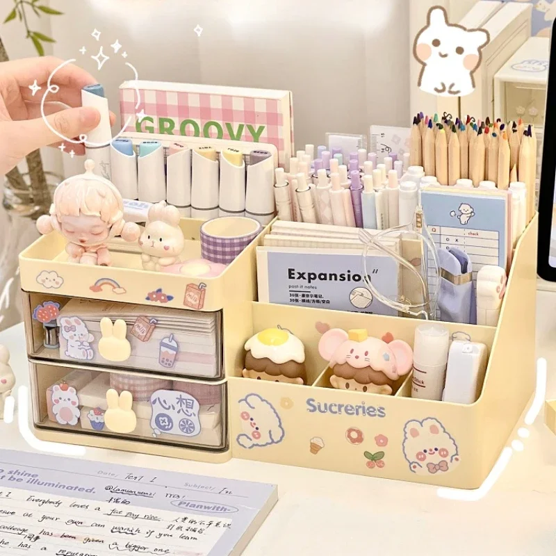 Caja de almacenamiento de cosméticos de escritorio, cajón organizador, estante de almacenamiento de oficina, papelería, portalápices de escritorio, organizador de cajón de conejito, bonito Kawaii