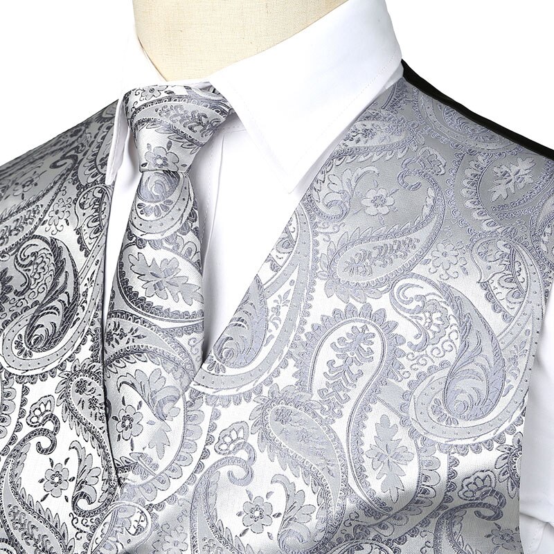 Männer Hochzeit Paisley Anzug Weste Weste Krawatte und Tasche Platz Party Abendessen 3 stücke Kleid Weste Männer Colete Masculino silber 3XL