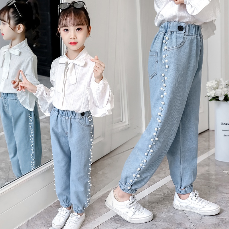 Pantalones vaqueros para bebé, ropa de primavera y verano para niña, pantalones vaqueros con cintura elástica azul perla, pantalones largos para niño, vaqueros con cuentas para niña de 4 a 12 años