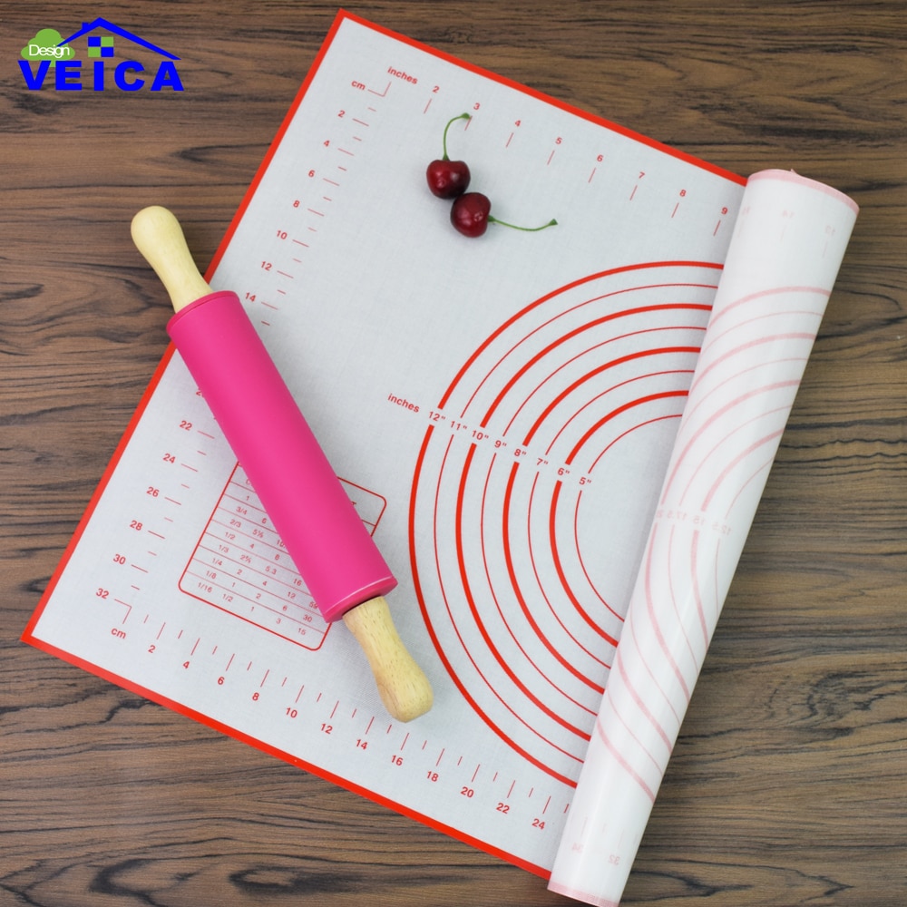 Tapete de silicona antiadherente para hornear, tapete de silicona para pasta y galletas, tamaño grande, rojo/Negro, 60x40cm, con medidas y conversiones