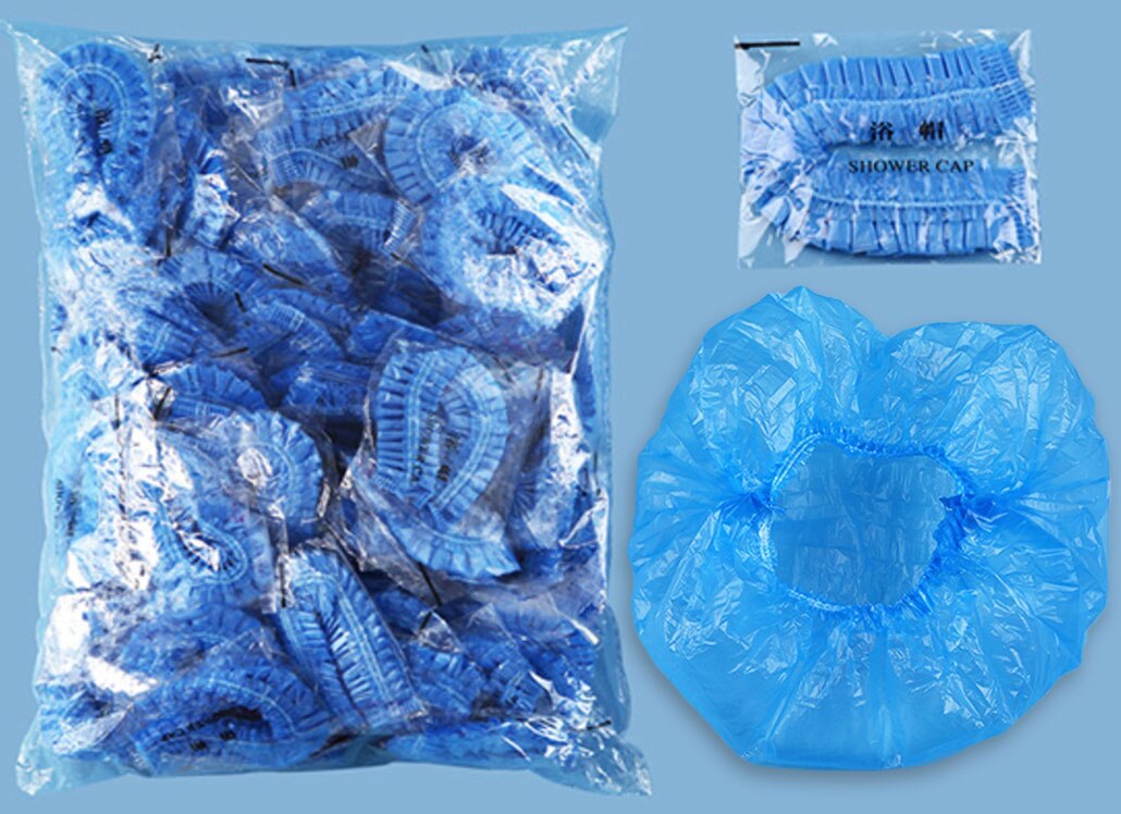 100pcs Disposable Shower Bathing Elastic Clear Hair Care Protector Hat Mask Cap Hair Coloring: Blue 100pcs