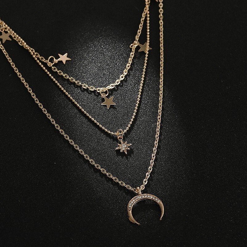 Clavicle Short Punk Golden Multilayer Moon Star Necklace Gothic Jewelry Crystal Pendant Women's Girl