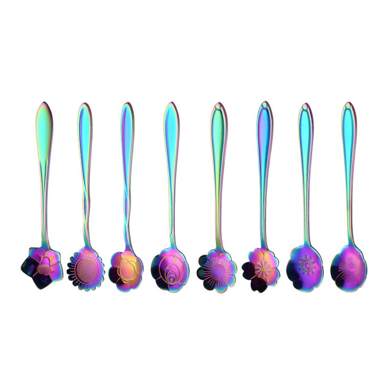 8/6Pcs Coffee Spoon 304 Stainless Steel Rainbow Stirring Milk Teaspoon Dessert Ice Cream Spoon Tableware Flowers
