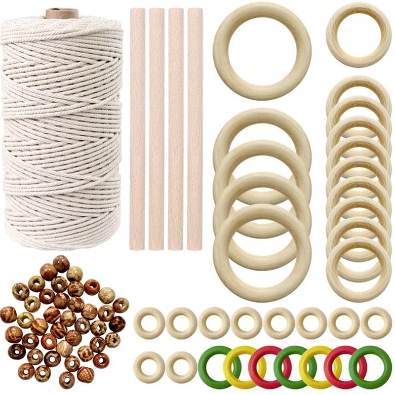 Macrame Cord Macrame Rope with Wood Beads Wood Ring and Wooden Stick for DIY Tapestry Wall Hanging Craft Dream Catchers