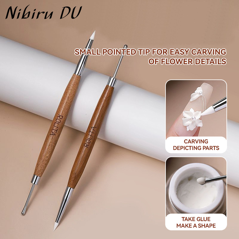 Dual-Ended Nail Art Brush with Silicone Spatula Carving Flower Painting Pen & Nail Gel Mixing Tool Multi-Function Manicure Tools