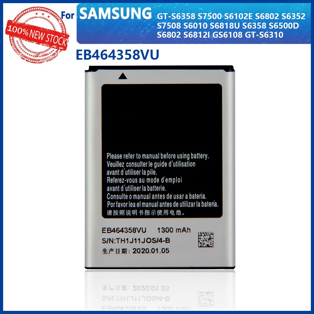 100% Original 1300mAh EB464358VU batería para Galaxy S7500 S6102E S6802 S6818U S6358 S6500D S6812I GT-S6358 GT-S6310 teléfono