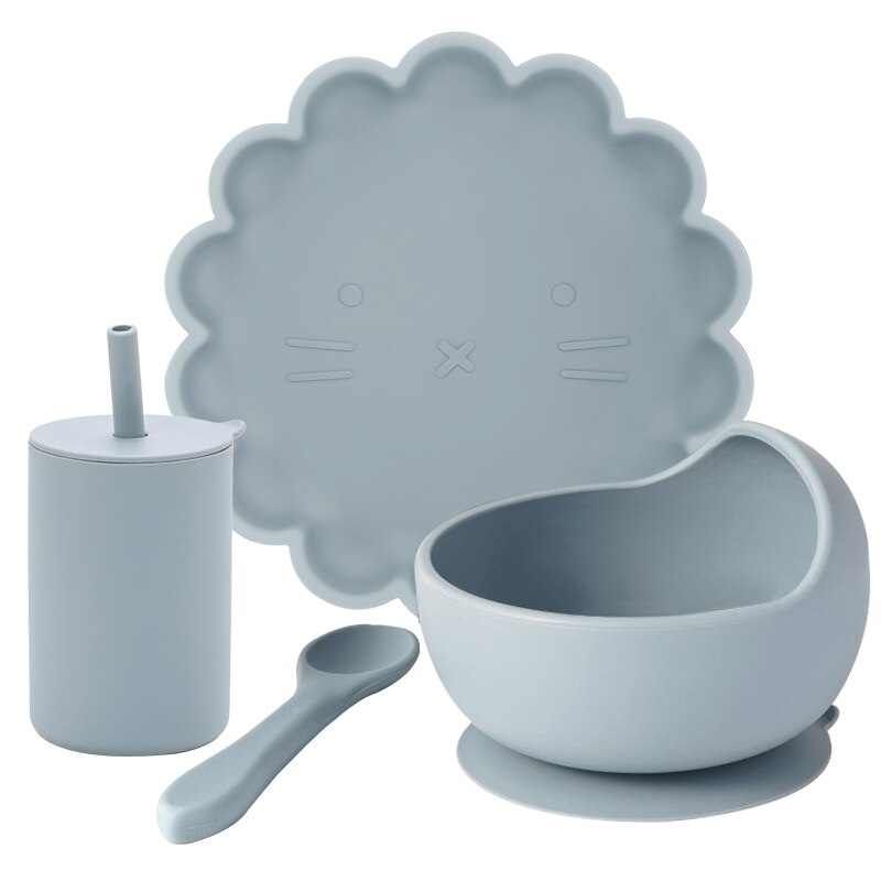 Juego de comida de entrenamiento para niños, cuenco de alimentación para bebé, plato de succión vajilla de silicona de grado alimenticio, taza de paja, artículos para bebé, 4 Uds.: 005B-pebble