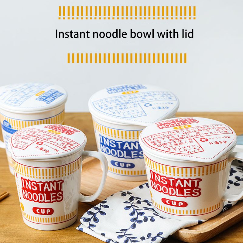 Tigela de cerâmica para macarrão instantâneo com tampa e alça, copo de macarrão instantâneo, tigela de sopa, forno de micro-ondas, máquina de lavar louça disponível