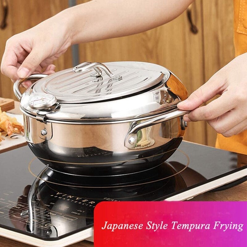 Deep Frying Pot with a Thermometer Lid&Chopsticks Stainless Steel Kitchen Fryer Pan Fryer Pan Uncoated Fryer 24 cm