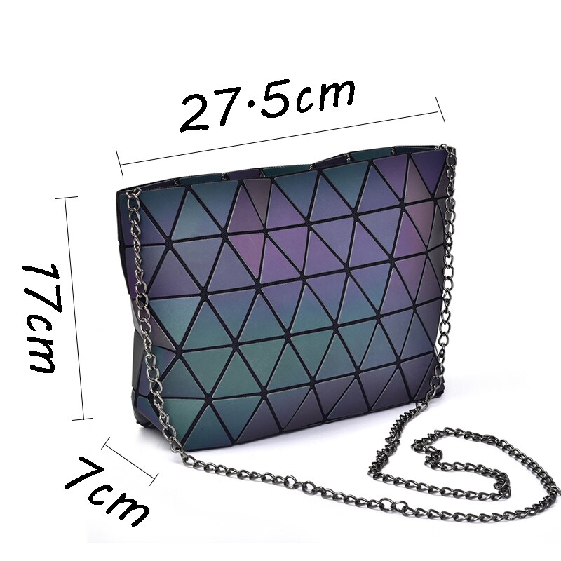 Crocrogo feminino geométrica luminosa bolsas de ombro para meninas marca moda reflexiva cosméticos messanger metal corrente bolsa sacos
