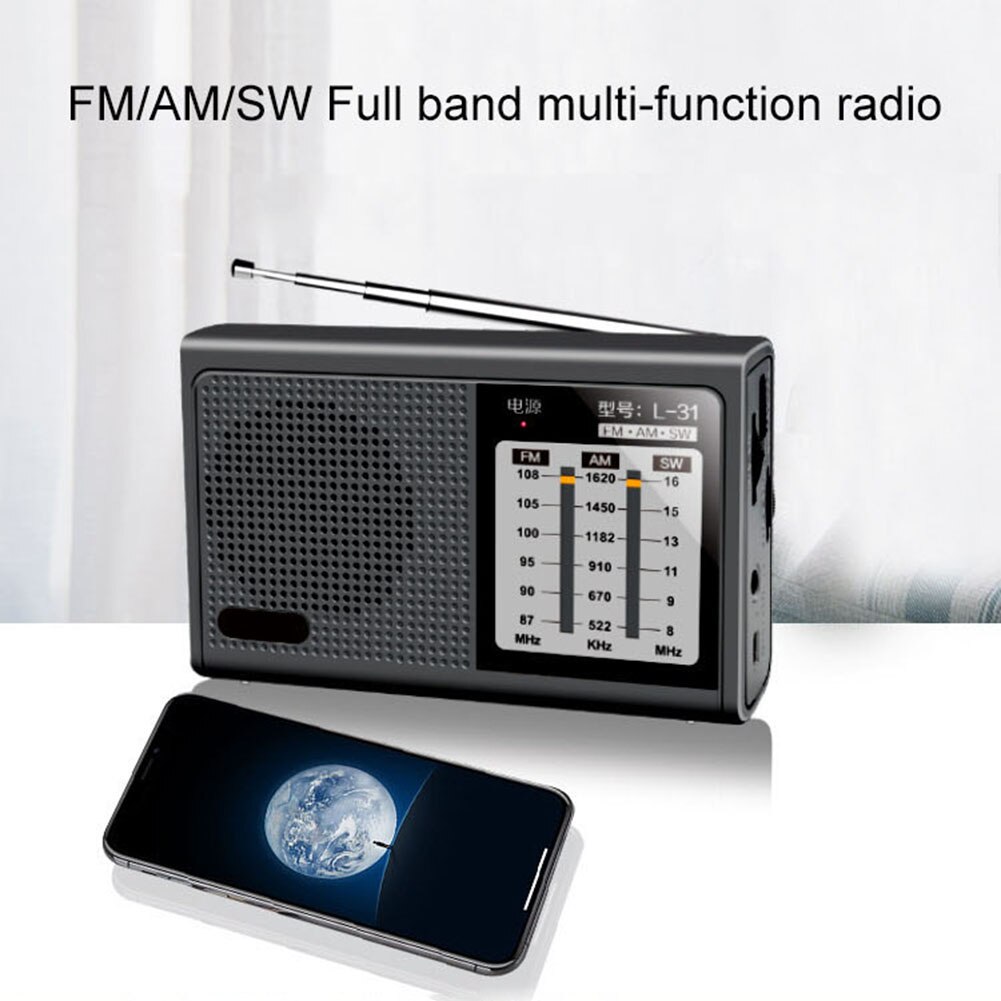 AM/FM/SW Full Band Radio Mini Portable Handheld USB Rechargeable Radio Receiver Speaker Telescopic Antenna 3.5mm Headphone Jack