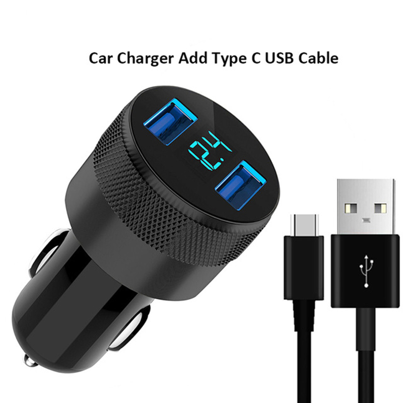 Digitales kfz-ladegerät mit 2 a usb-anschlüssen, led-anzeige und dual-usb-  qc3.0- schnellladeadapter für samsung  s20 s10 s9 s8 plus und huawei  p40 p30: Schwarzes add-on typ-c