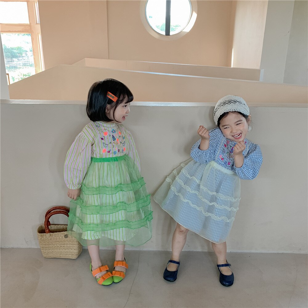 8475 Koreaanse Kinderen Herfst Jurk Meisje Jurk Vintage Geborduurde Gaas Kinderen Plaid Prinses Meisje Jurken