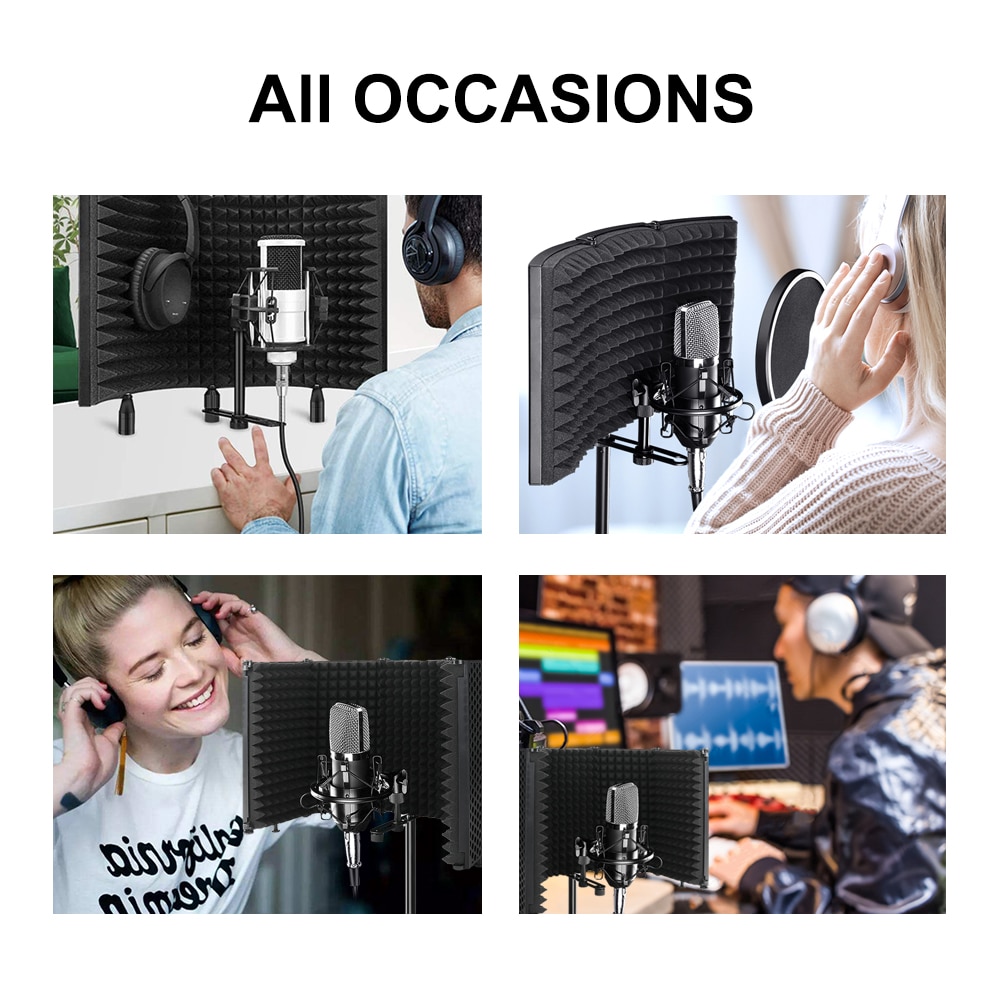 XTUGA 5 Pannels Studio Microphone Isolation Shield Foldable&Portable High Density Sound-Absorbing Foam Panel for Recording