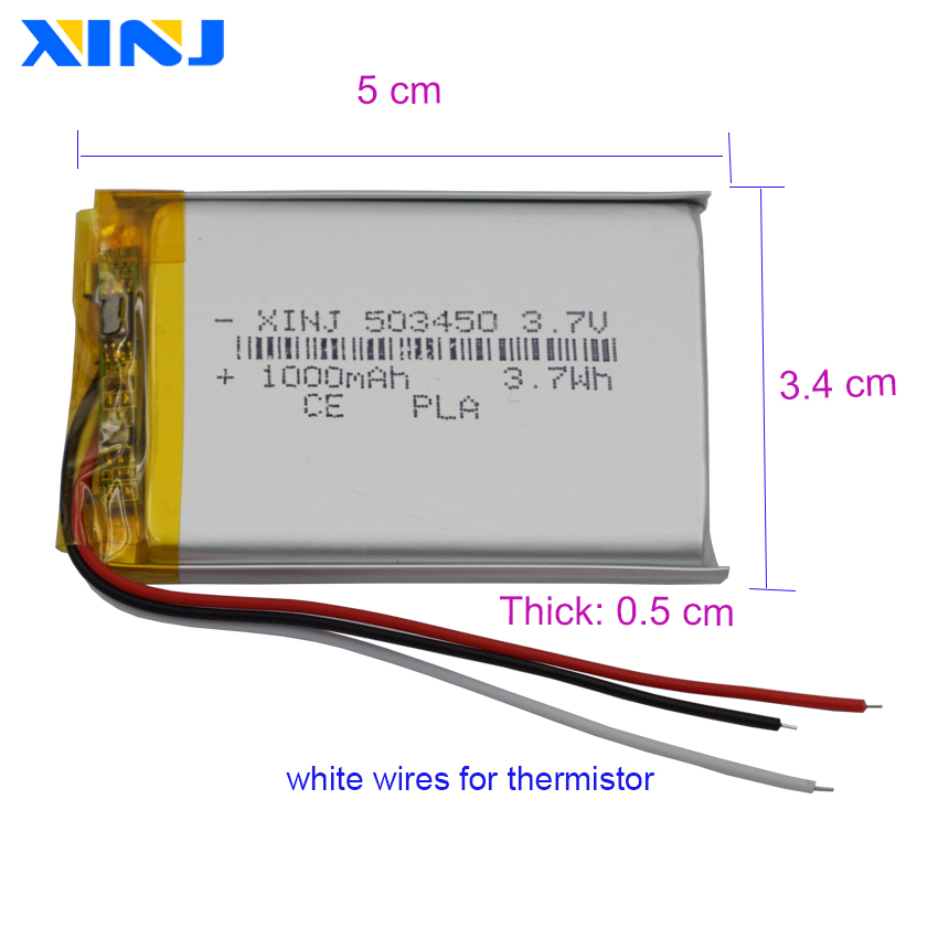 3.7V 1000mAh 3.7Wh Termistor 3-przewodowy akumulator litowo-polimerowy Li 503450 Głośnik Bluetooth do odtwarzacza muzycznego
