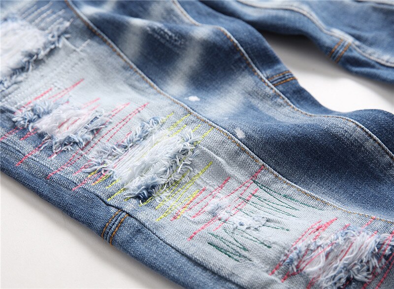 Kimsere heren hi street destroyed jeans merk gescheurde denim broek met gatenpatches gescheurde jeans rechte pasvorm