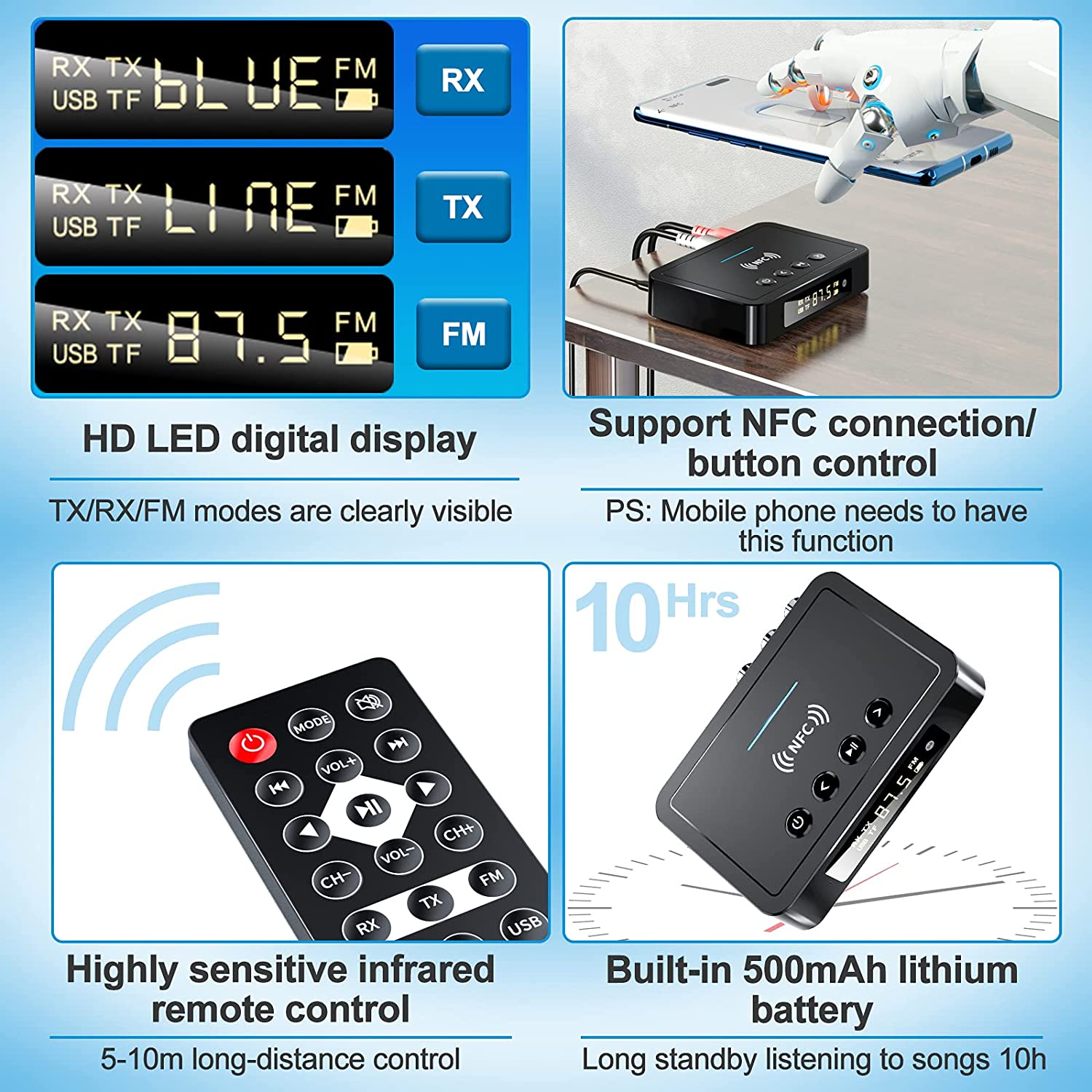 Bluetooth 5.0 lähetin vastaanotin 3 in 1 langaton sovitin 3.5mm aux rca hifi-stereokaiuttimelle/televisiolle/tietokoneelle/tabletille/autolle