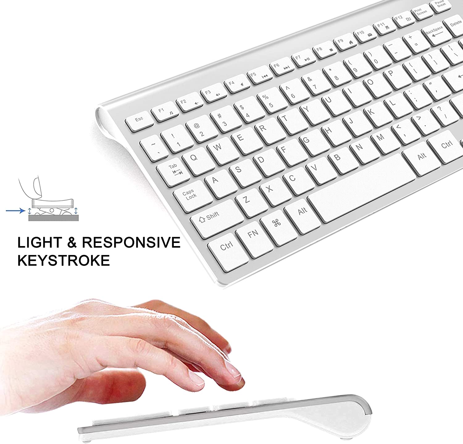 Wireless Keyboard Mouse,Full Size With Numeric Keys。Compatible with IMac Mac PC Laptop Tablet Computer Windows (Silver White)