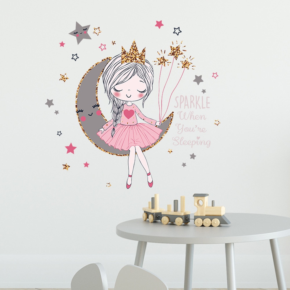 Prinsesse på månen wallsticker pigeværelse soveværelse indretning tapet stue til boligindretning smukke tegnefilm klistermærker
