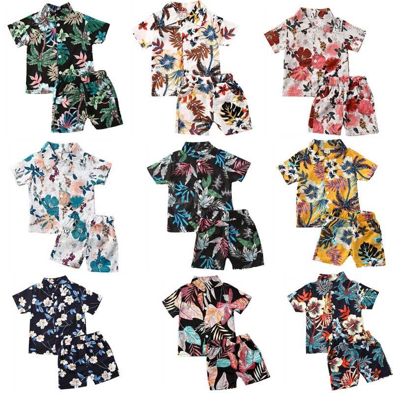 Dziecięce zestawy ubrań dla chłopców 12 kolorów kwiatowy Print t-shirty z krótkim rękawem topy + spodenki wakacyjny strój na lato 1-6Y