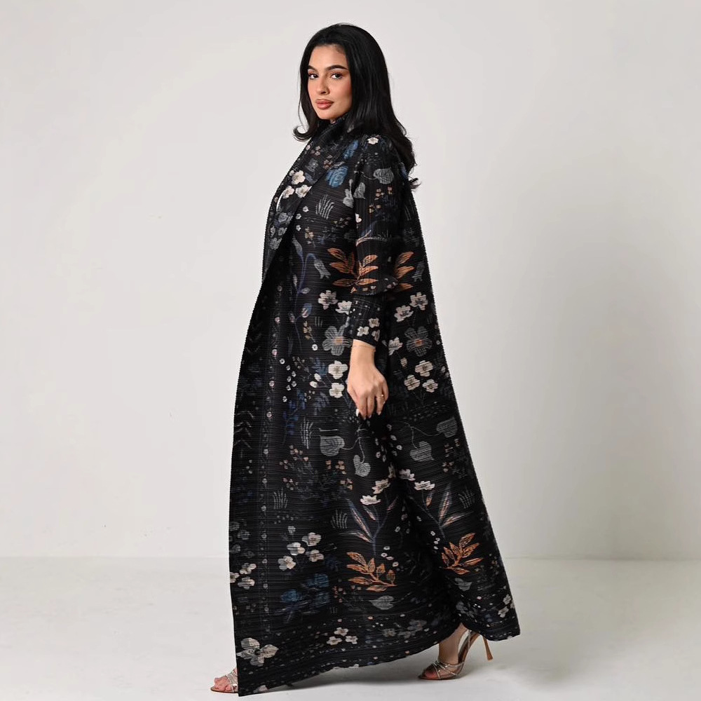 Abaya Miyake plissé imprimé Robe veste arabe dubaï Style femmes à manches longues conservateur recat musulman Trench Coat 55 pouces: GRIS
