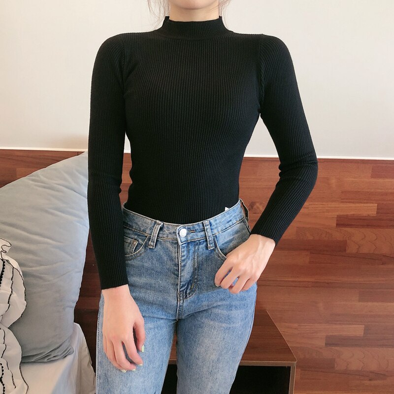 Naisten poolokaulusneule, neulottu puuvilla, erittäin joustava, kapea syystoppi, pitkähihainen naisten neule, talvineule: Musta