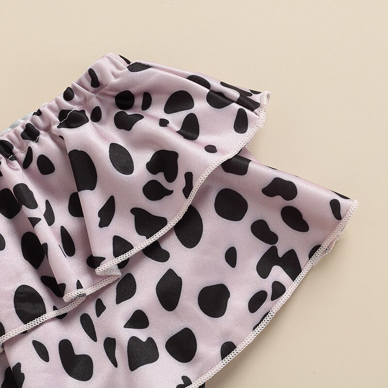 Bañador de 2 piezas para niña, traje de baño con estampado de leopardo, hombro inclinado, correa de un solo hombro, estampado de lunares, Top con volantes + falda