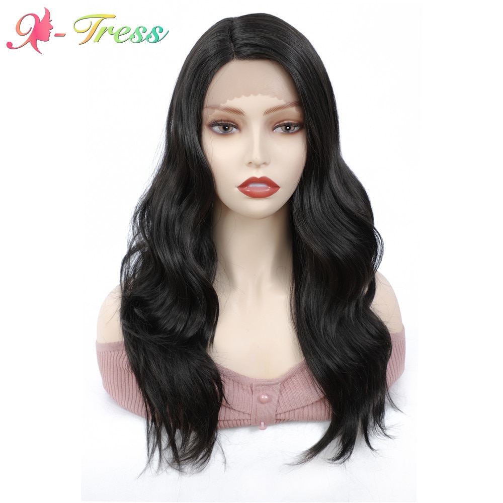 X-TRESS Medium Length Synthetic Wave Black Lace Front Wigs with Natural Hairline Heat Resistant Party Wigs for White Women