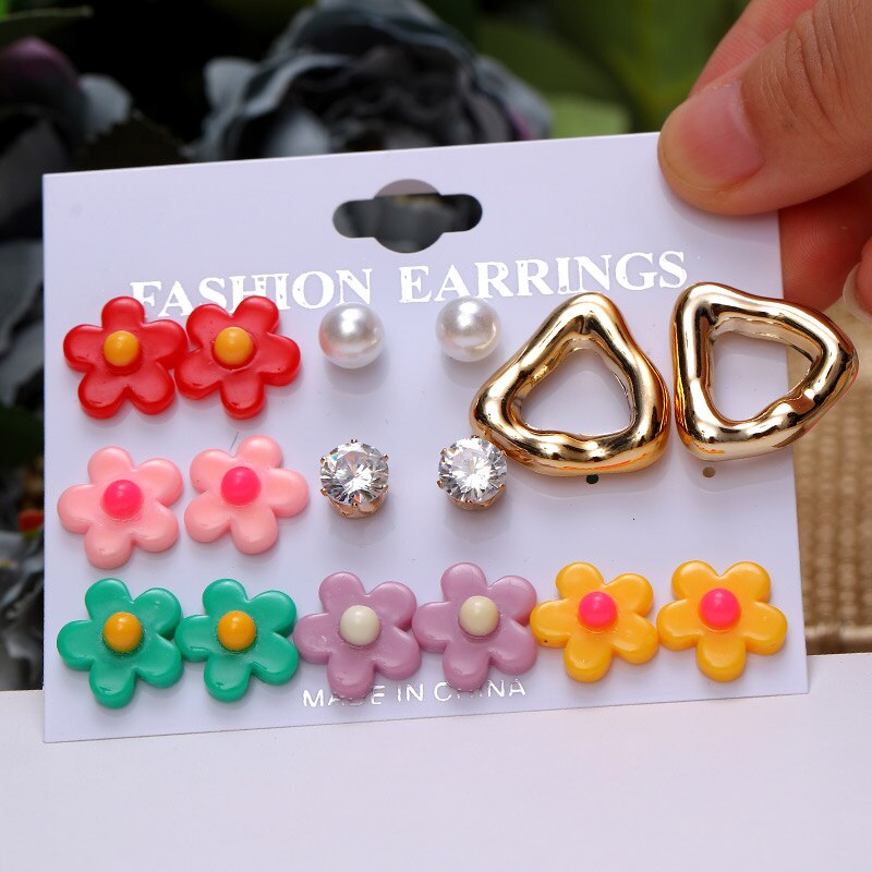 Boucles d'oreilles en forme d'animal et de dinosaure, 8 paires/ensemble, tendance, mignonnes, adaptées aux femmes, transparentes, ours, fleur, petites boucles d'oreilles, naissance amusante: 8 pairs EH3234