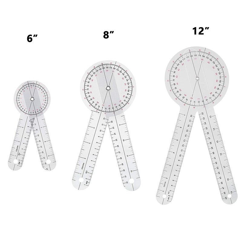 3-Piece Goniometer 6/8/12 Inch Occupational Therapy Protractor Tool Measuring Angle Ruler 360 Degree Universal