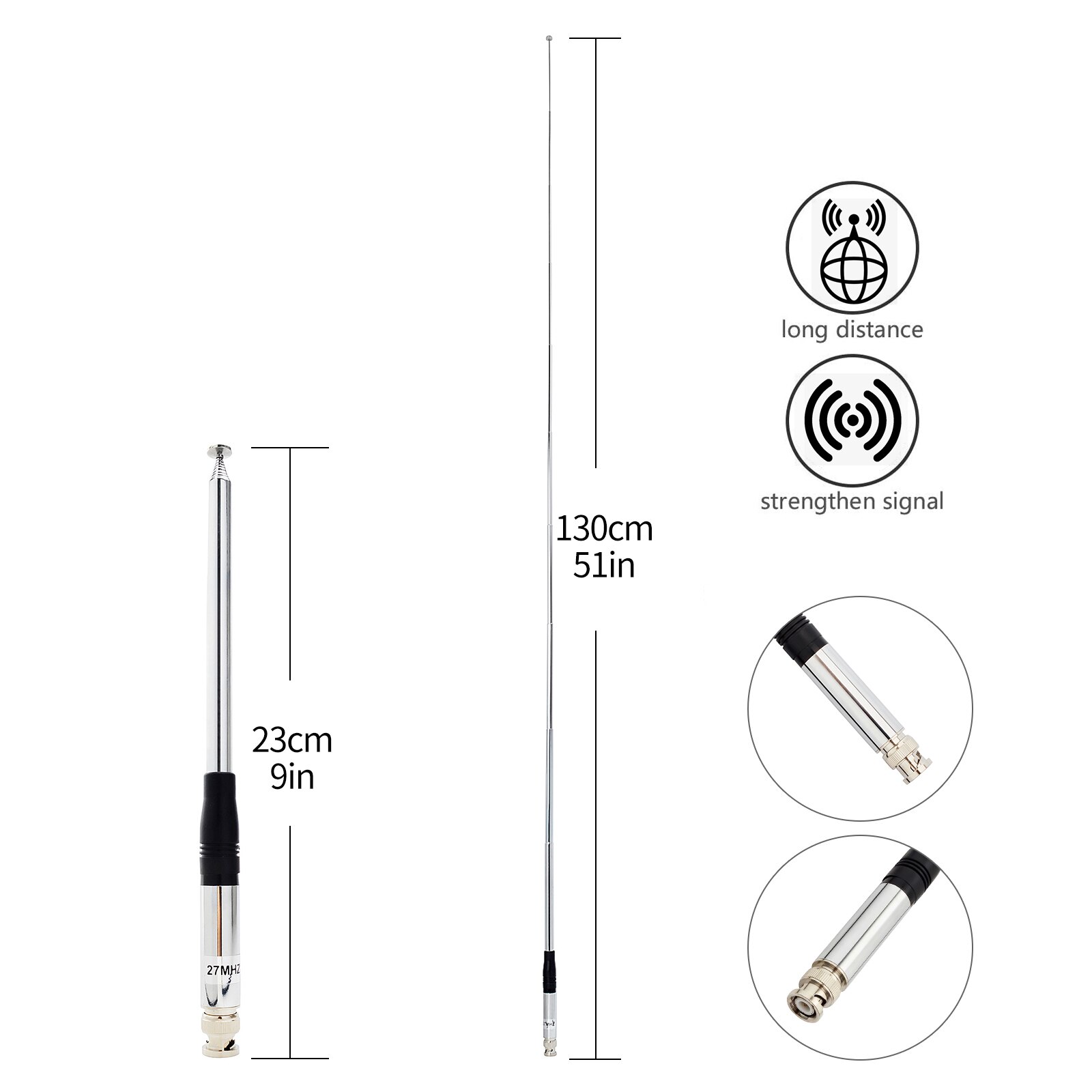 Antenne Radio CB Télescopique, 11 Mètres, 27Mhz, BNC, 130cm, 51.18 Pouces, pour Radio CB asile ra HH50WXST HH50 Midland Alan42 75-822