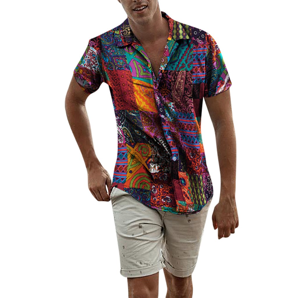 Plus Size Shirts Men Cotton Linen Printed Short Sleeve Casual Turn-down Collar Shirts Tie Summer Tops Clothing