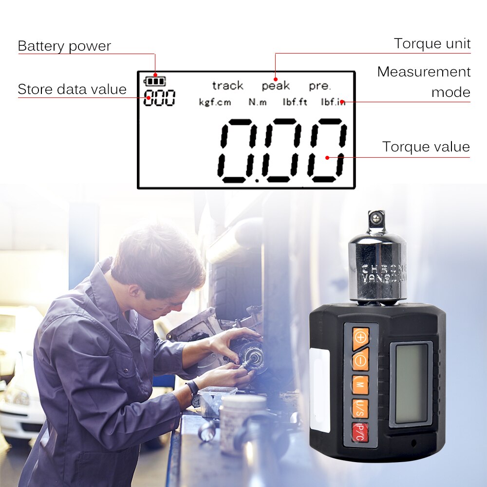 ENC-200 Digital Torque Adapter Electronic Torque Meter Measure Torque in Nm, Kg-Cm, Ft-Lb, In-Lb Torque Wrench Range 20-200Nm