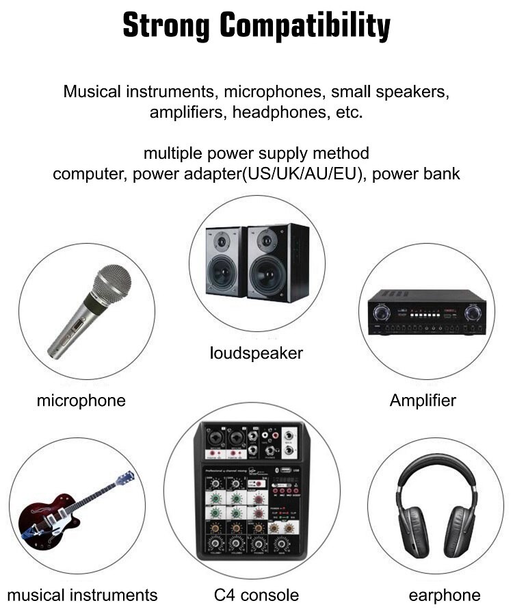 Mini 4 Channel Mixer Console Sound Card for Electronic Organ Dynamic Microphone Music Recording