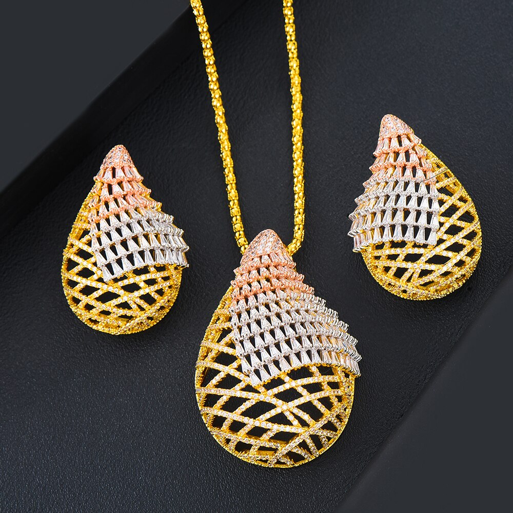 Godki luxe dubai grote holle oorbellen ketting voor vrouwen nobal bridal wedding kubieke zirkonia sieradenset