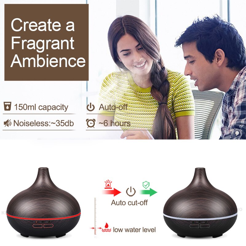 150ml Aroma Ätherisches Öl Diffusor Ultraschall-luftbefeuchter mit 4 Timer Einstellungen 7 Farbwechsel LED lampe Ganze Haus humidi