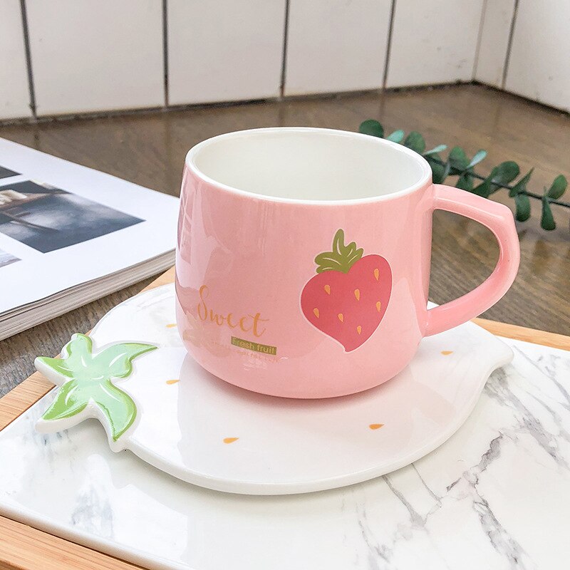 Juego de tazas y platillos con de fresa, Set de café con zumo de Taza de leche encantador, para niños de 250ml, para niñas: red strawberry