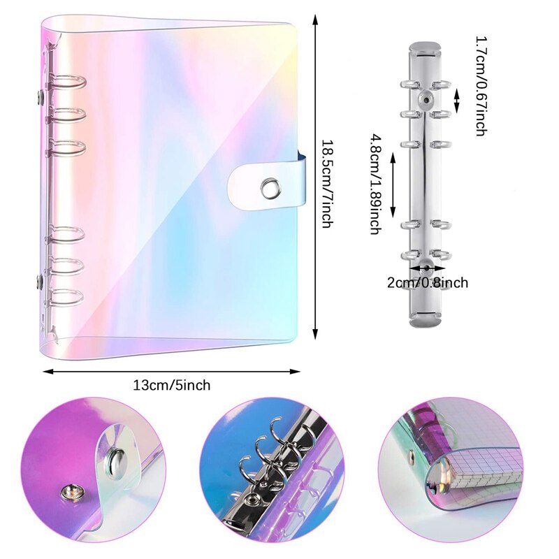 2 Pcs A6 6-Ring Rainbow Clear PVC Binder Cover Refillable Notebook Binder Protector Loose Leaf Planner Binder Cover