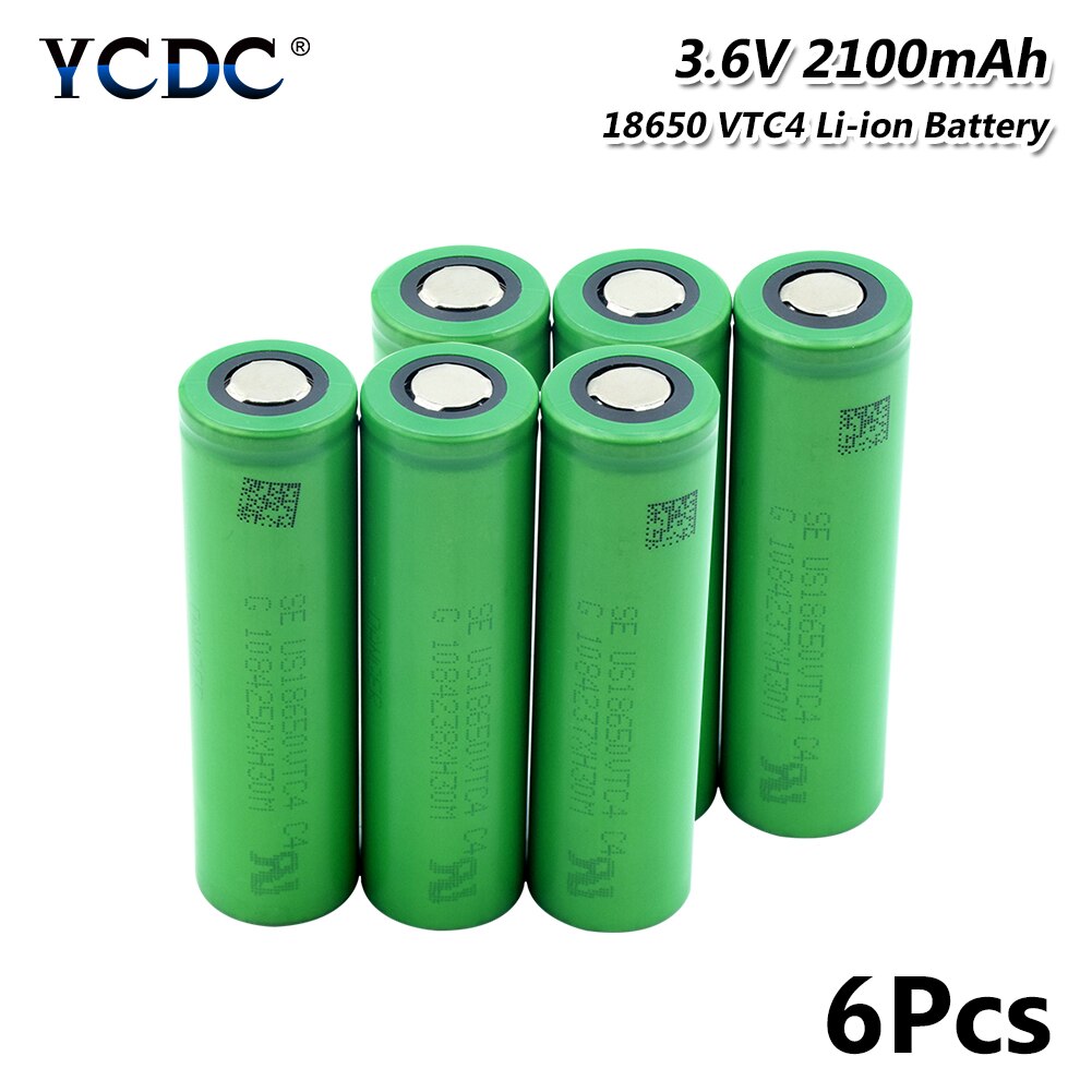 Replacement Li-Po Lithium Li-polymer 18650VTC4 Battery 30A Output High Drain 2100mAh Rechargeable Batteries Flat Top: 6 Pcs