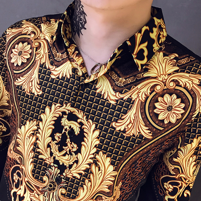 Casual blus homme barock bankettskjorta paisley svart guld herrskjorta lyx koreansk herr långärmade skjortor herr slim fit