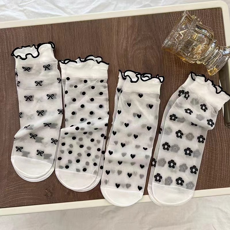 Sokken Vrouwen Ultradunne Vrouwelijke Middelste Buis Ruche Mesh Sokken Dot Love Print Zomer Zijde Schattige Kawaii Lolita Dunne Kous