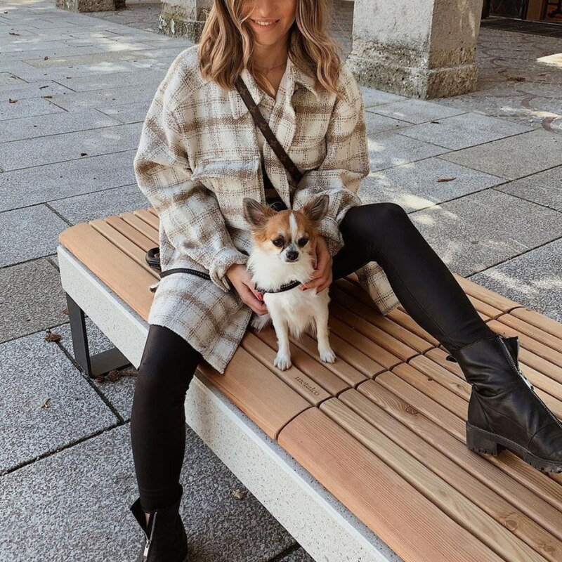Puwd vintage dames losse kameel old school geruite overhemd dames herfst oversized bovenkleding vrouwelijke casual zak jassen
