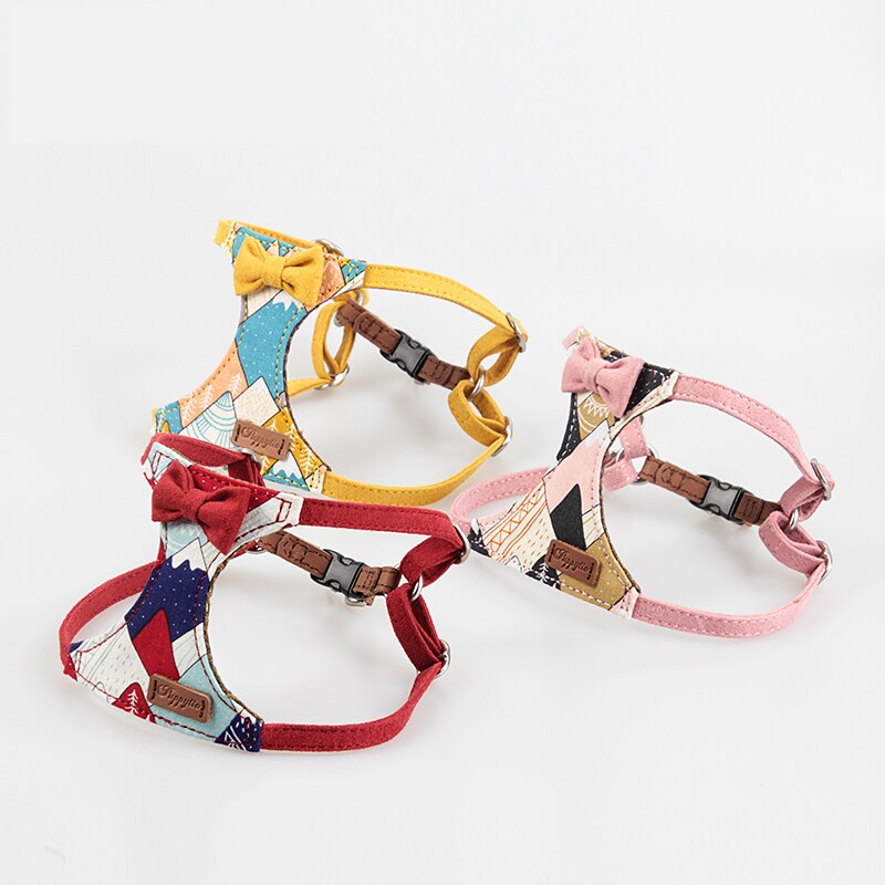 Printed Small Dog Harness Vest with Bowtie Soft Padded for Puppy Pet Dog Walking Training Harness Yorkshire Chihuahua Accesorios
