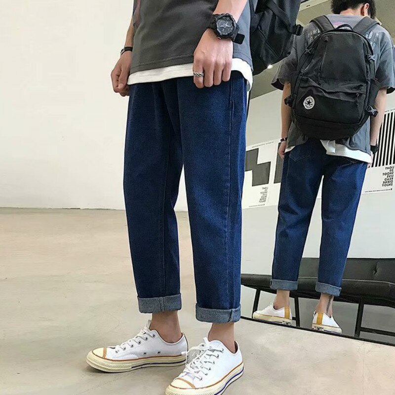Raka jeans för män enkla solid ankellånga trendiga herrar all-match plus size 4xl fritid koreansk stil lös harajuku ulzzang