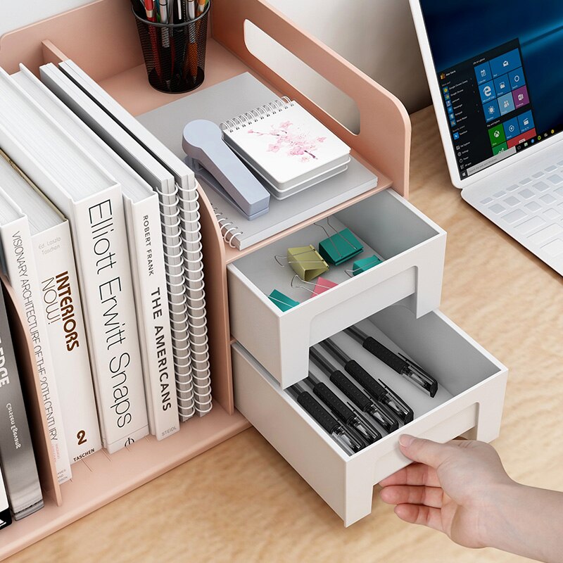 Porta-livros de plástico pp, termina com duas gavetas, suporte para livros, organizador e suporte para estudantes, mesa de escritório
