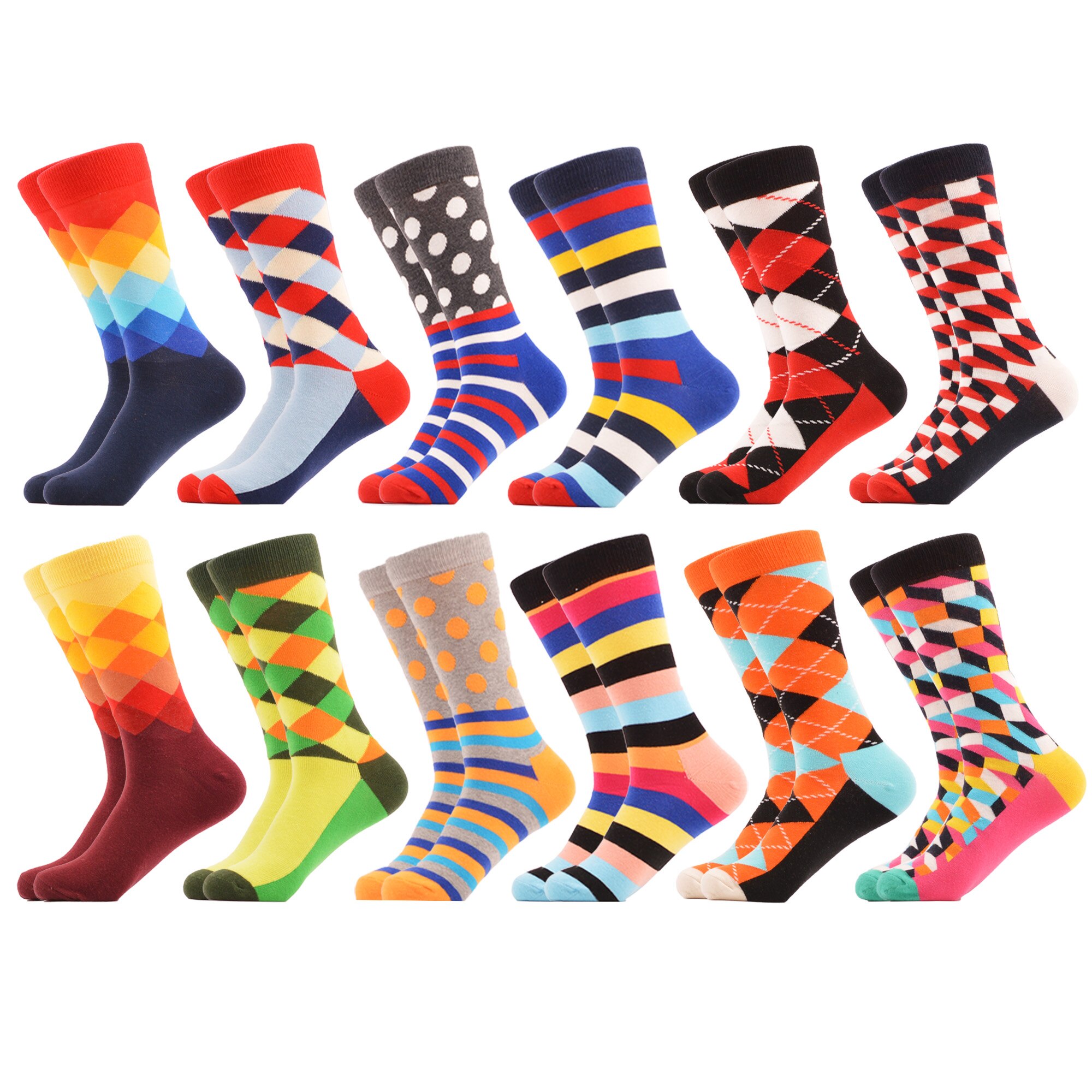 SANZETTI-chaussettes pour hommes, style Hip Hop, en coton peigné, haute couleur, nouveauté, Skateboard, motif géométrique, motif Harajuku,: 05229 (12 pairs)