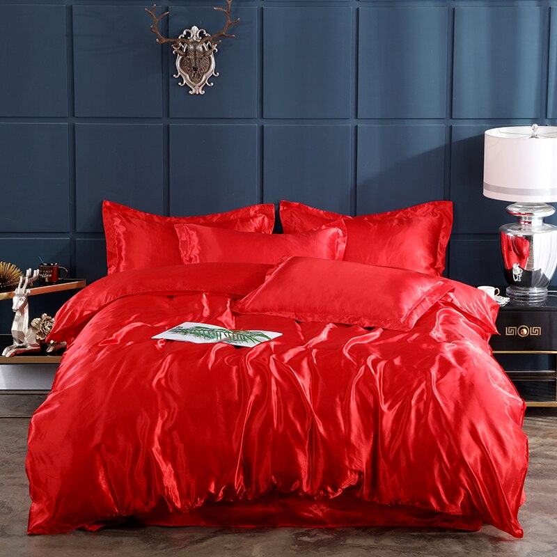 Siden satintryckta platta lakan set lakan överdrag med påslakan och örngott 4 st set lakan komplett set drap de lit: Röd / 180cm*230cm